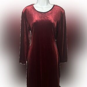 Vintage 90s Burgundy Stretch Velvet Long-Sleeved Midi Dress